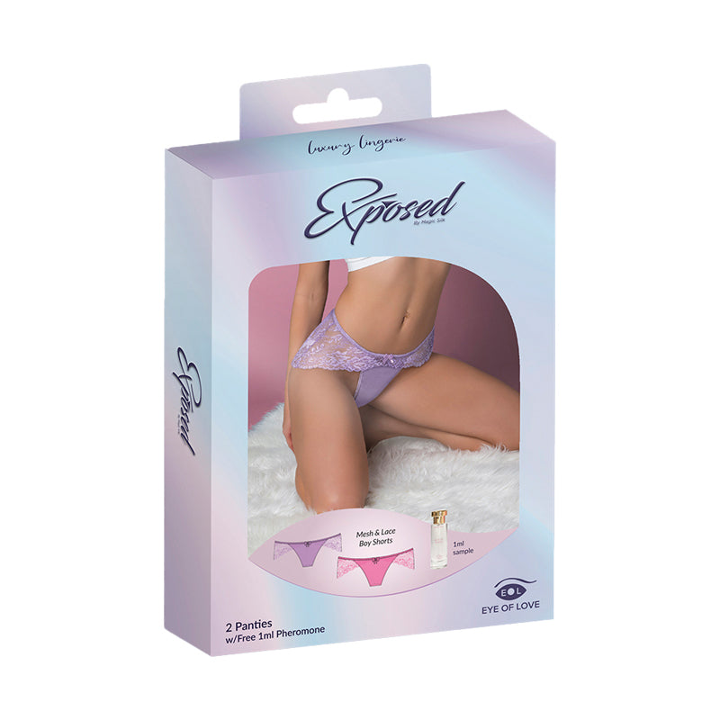 Magic Silk Pheromone Panties Mesh & Lace Boy Short 2-Pack Lilac/Rose L/XL